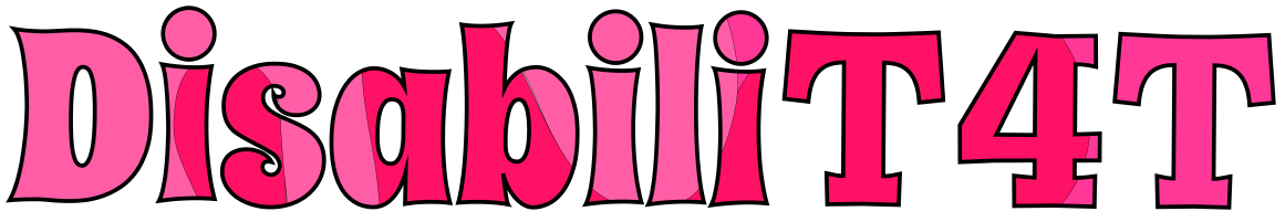 DisabiliT4T in bubbly lettering, colored with red and pink swirls.